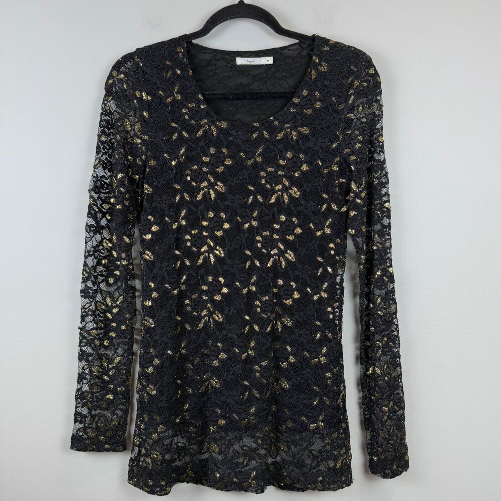 Hazel Top Women Medium Black Gold Floral Lace Mesh Whimsigoth Fairy Grunge Y2K‎